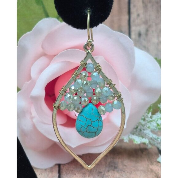 Gold Tone & Faux Turquoise Teardrop Earrings Hook Clasps Faceted Beads Statement - Picture 2 of 7